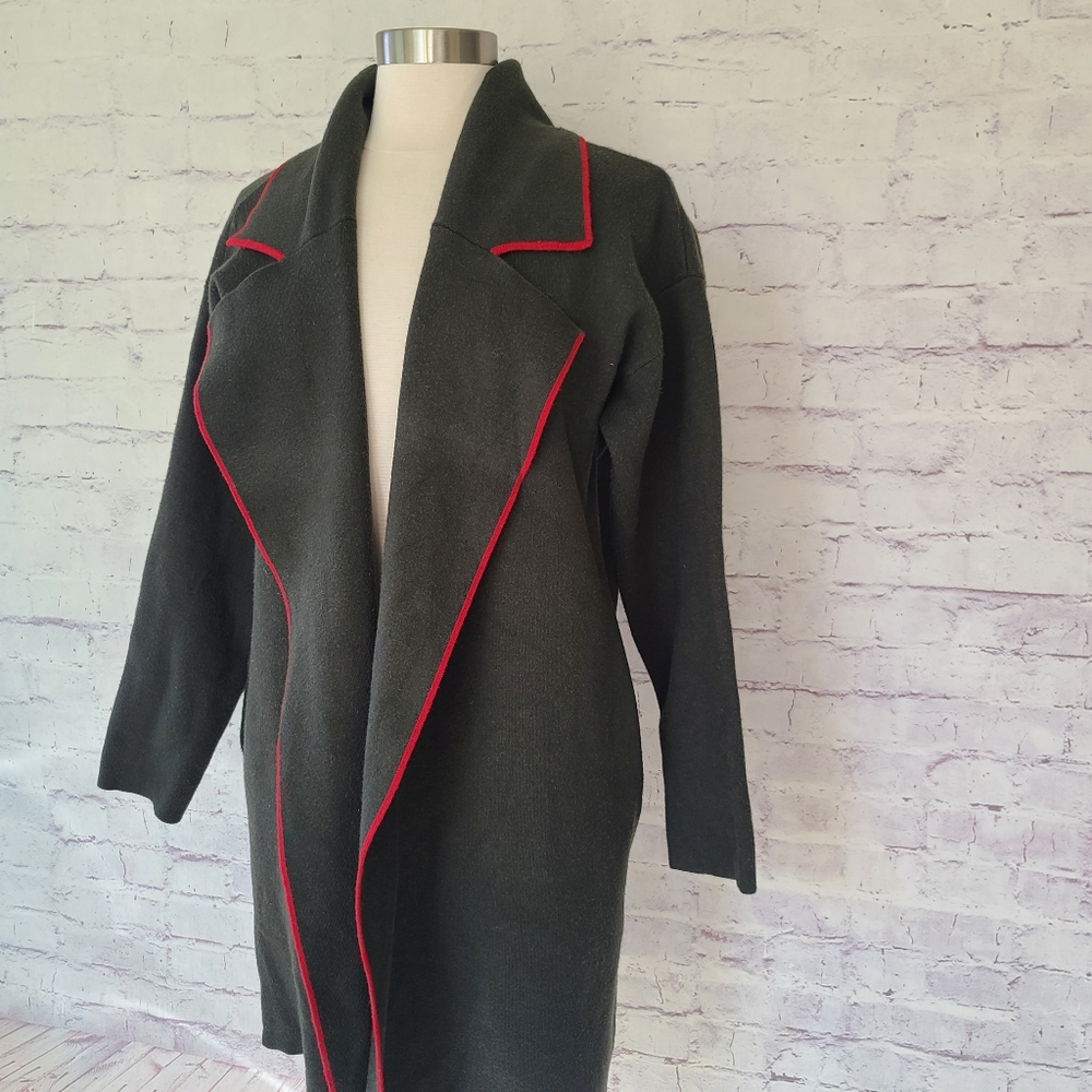 Zara Knit Olive Green with Red Contrast Duster Cardigan Knit Car Coat Medium